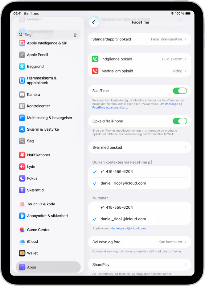 Skærmen FaceTime-indstillinger, der viser betjeningsmuligheden til at slå FaceTime til eller fra, og telefonnummeret og e-mailadressen, du kan kontaktes på.