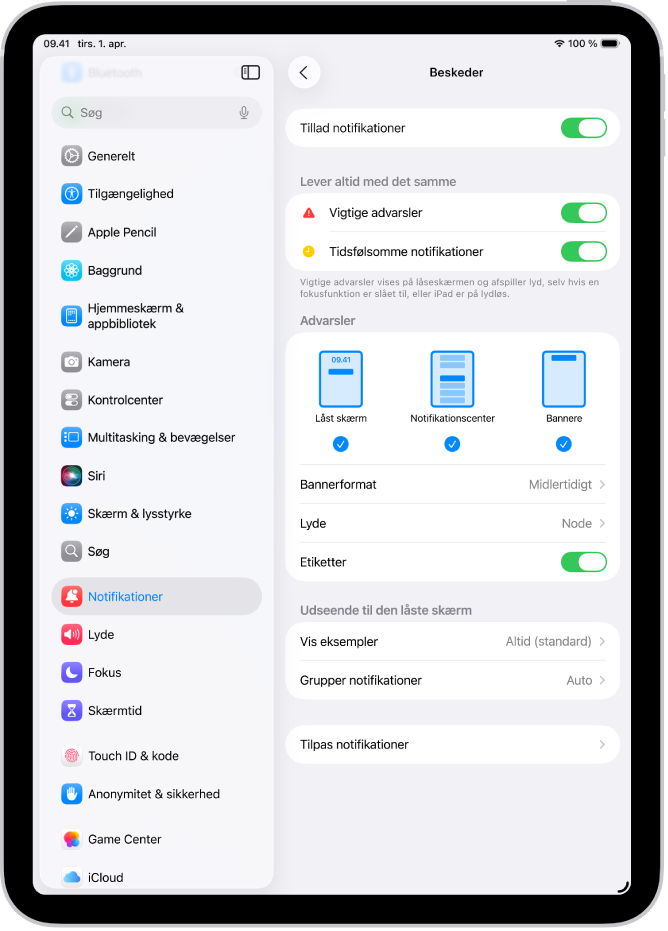 Indstillinger til notifikationer i Beskeder i Indstillinger.