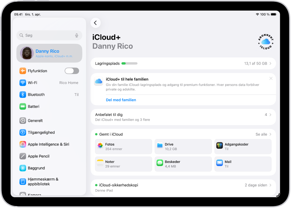 Skærmen iCloud-indstillinger viser iCloud-lagermåleren og en liste over apps og funktioner, herunder Fotos, iCloud Drive og iCloud-mail, som kan bruges med iCloud.