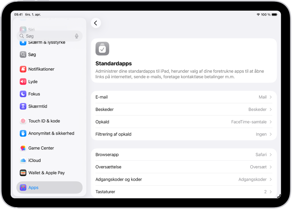 Skærmen, hvor du ændrer standardapps til e-mail, søgning på internettet m.m.