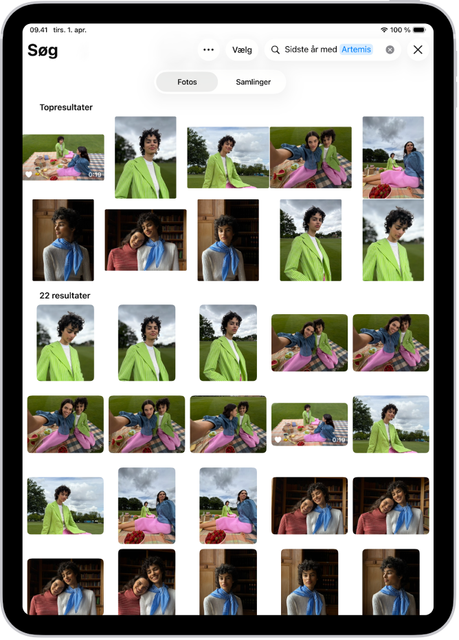 En iPad, der viser fotos i appen Fotos. Et søgefelt med en beskrivelse vises øverst til højre på skærmen.