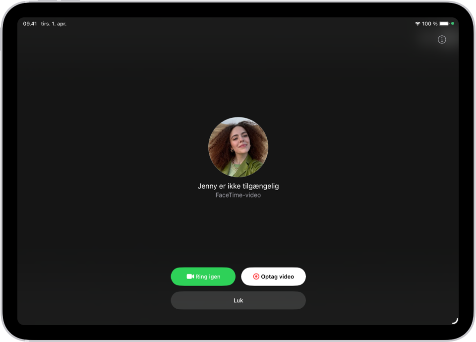 Skærmen Optag video, som viser, at den person, du ringer op, ikke er tilgængelig. Skærmen inkluderer knappen Ring igen og knappen Optag video, som du kan trykke på for at optage en videobesked.