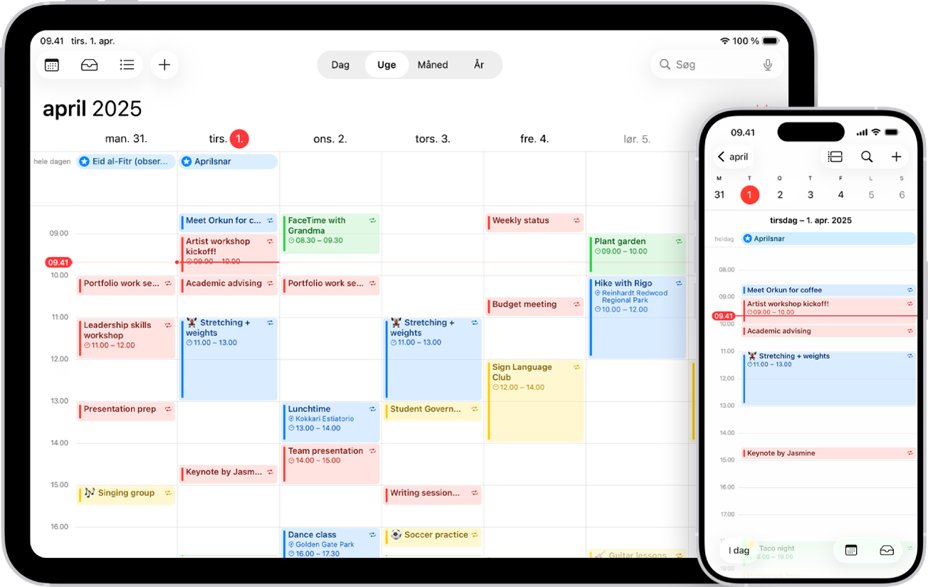 En kalender på iPad i ugeoversigt og den samme kalender på iPhone i dagsoversigt.