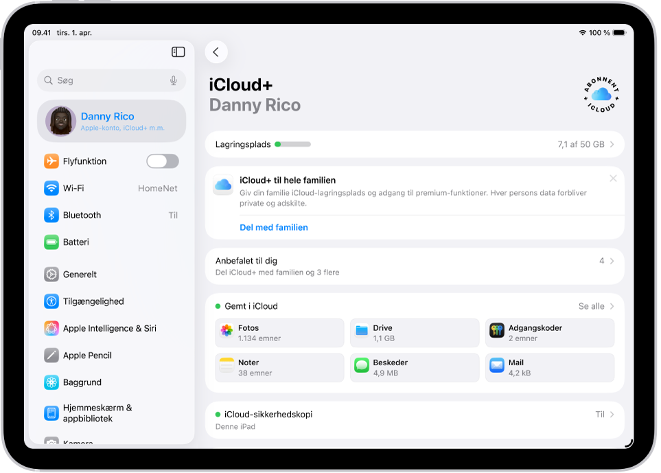 Skærmen med indstillinger til iCloud viser lagermåleren og en liste over funktioner, herunder Fotos, iCloud Drive og iCloud-sikkerhedskopiering, som kan bruges med iCloud.