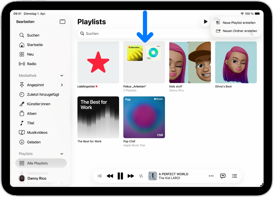 Die geöffnete App „Musik“ auf dem iPad mit der Seitenleiste auf der linken und eine Liste mit Playlists auf der rechten Seite. Oben befinden sich Tasten zum Erstellen einer neuen Playlist oder eines neuen Ordners. Ein blauer Pfeil zeigt auf einen Playlistordner namens „Arbeitsfokus“.