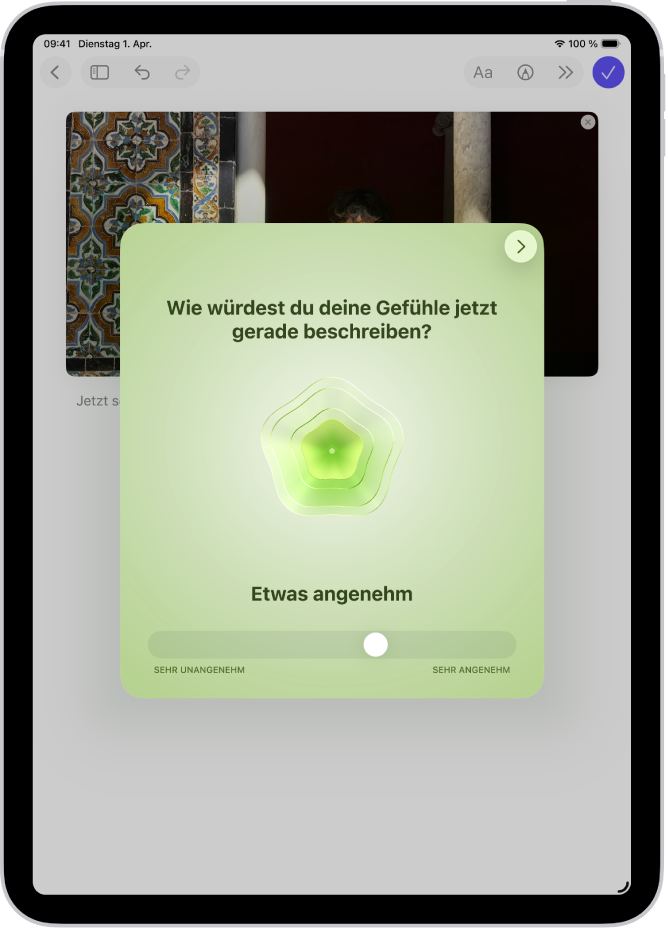 Ein Bildschirm in der App „Journal“ zeigt eine Kachel zum Protokollieren deines Gemütszustands.