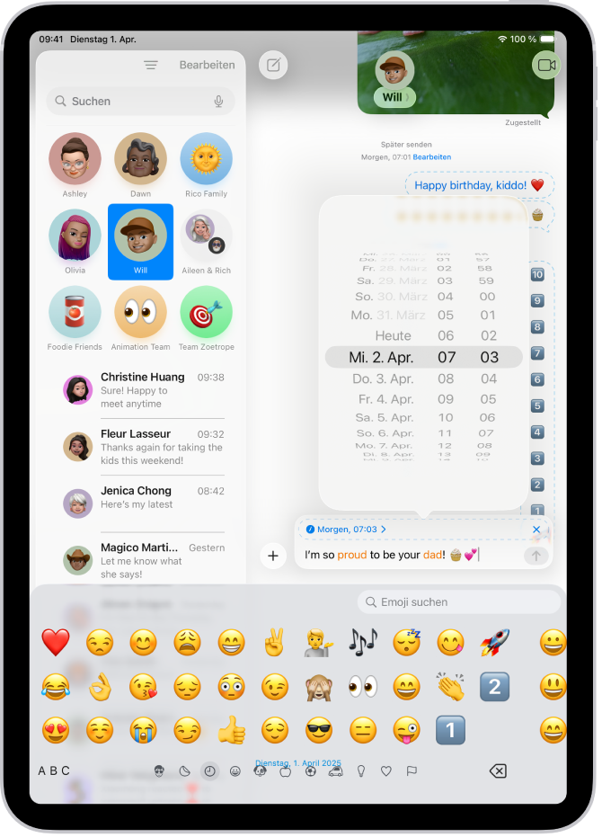 Eine Konversation in der App „Nachrichten“ zeigt, wie eine geplante Nachricht in das Textfeld eingegeben wird.