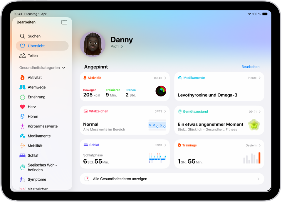 Der Bildschirm „Übersicht“ in der App „Health“. Informationen über Aktivität, Medikamente, Vitalzeichen, Gemütszustand, Schlaf, Herzfrequenz und Trainings werden unter „Angepinnt“ angezeigt.