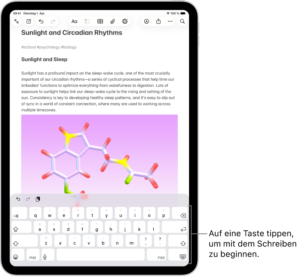 Ein Dokument ist in der App „Notizen“ geöffnet. Die Bildschirmtastatur befindet sich in der unteren Bildschirmhälfte.