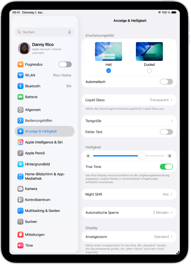 Der Bildschirm für das Display und die Helligkeit in den Einstellungen.