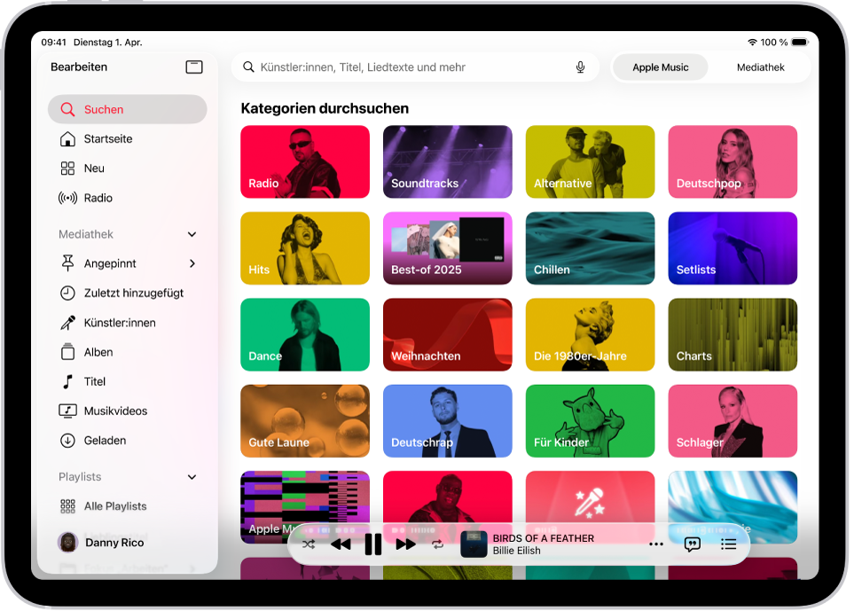 Der Tab „Suchen“ mit der Seitenleiste links und einem Suchfeld oben rechts. Unter dem Suchfeld werden verschiedene Musikkategorien anzeigt. Unten befindet sich der Mini-Player.