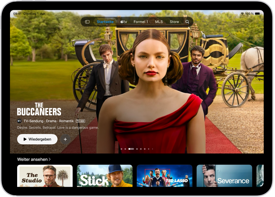 Der Tab „Startseite“ mit einem Apple Original in der Mitte über dem Bereich „Weiter ansehen“. Oben auf dem Bildschirm befinden sich (von links nach rechts) die Tabs „Startseite“, „Apple TV“, „MLS“, „Store“, „Letzte Käufe“ und „Suchen“.