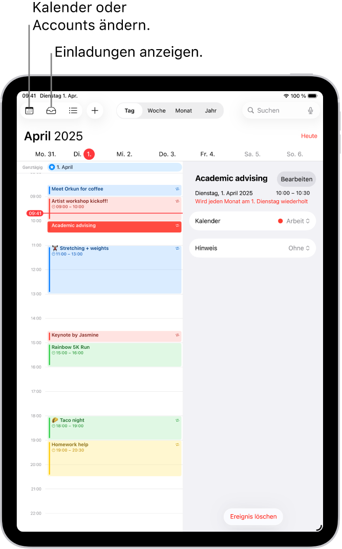 Ein Kalender in der Tagesansicht. Mit den Tasten oben in der Mitte kannst du zwischen der Tages-, Wochen-, Monats- und Jahresansicht wechseln. Die Taste „Kalender“ befindet sich oben links auf dem Bildschirm und die Taste „Eingang“ befindet sich in der Nähe oben links.