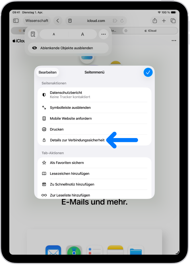 Das Seitenmenü ist in Safari geöffnet und das Steuerelement „Details zur Verbindungssicherheit“ befindet sich in der Mitte der Seite.