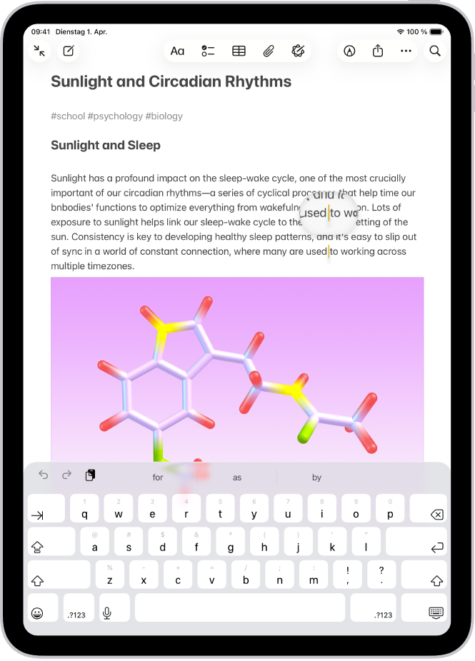 Eine Notiz mit der Einfügemarke an der Stelle, an der der Text eingefügt oder bearbeitet wird. Der umgebende Text wird vergrößert, damit das Platzieren der Einfügemarke einfacher ist.