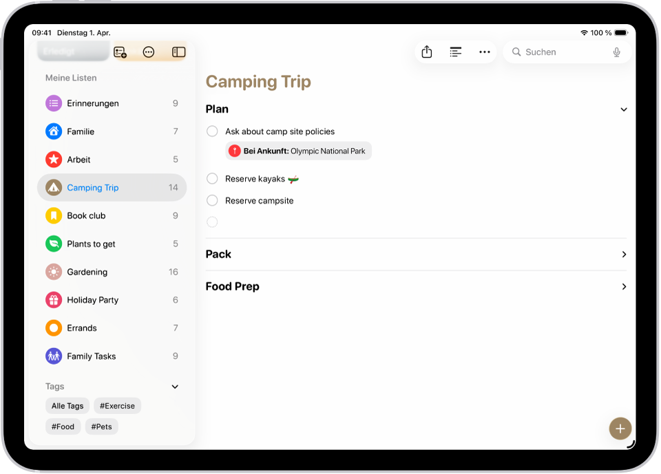 Die App „Erinnerungen“ zeigt eine Liste mit einem erweiterten Bereich und anderen, reduzierten Bereichen an.