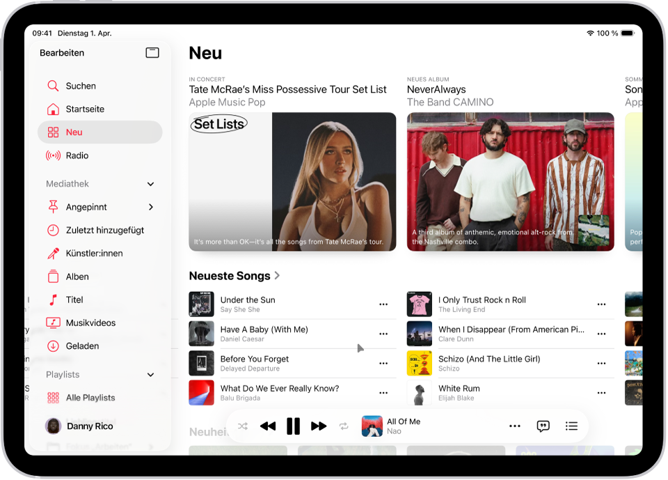 Der Tab „Neu“ mit der Seitenleiste links und dem Bereich „Neu“ rechts. Der Tab „Neu“ mit empfohlener Musik oben. Durch Streichen nach links kannst du noch mehr empfohlene Musiktitel und Videos anzeigen. Der Bereich „Neue Titel“ erscheint unten. Unten befindet sich der Mini-Player.