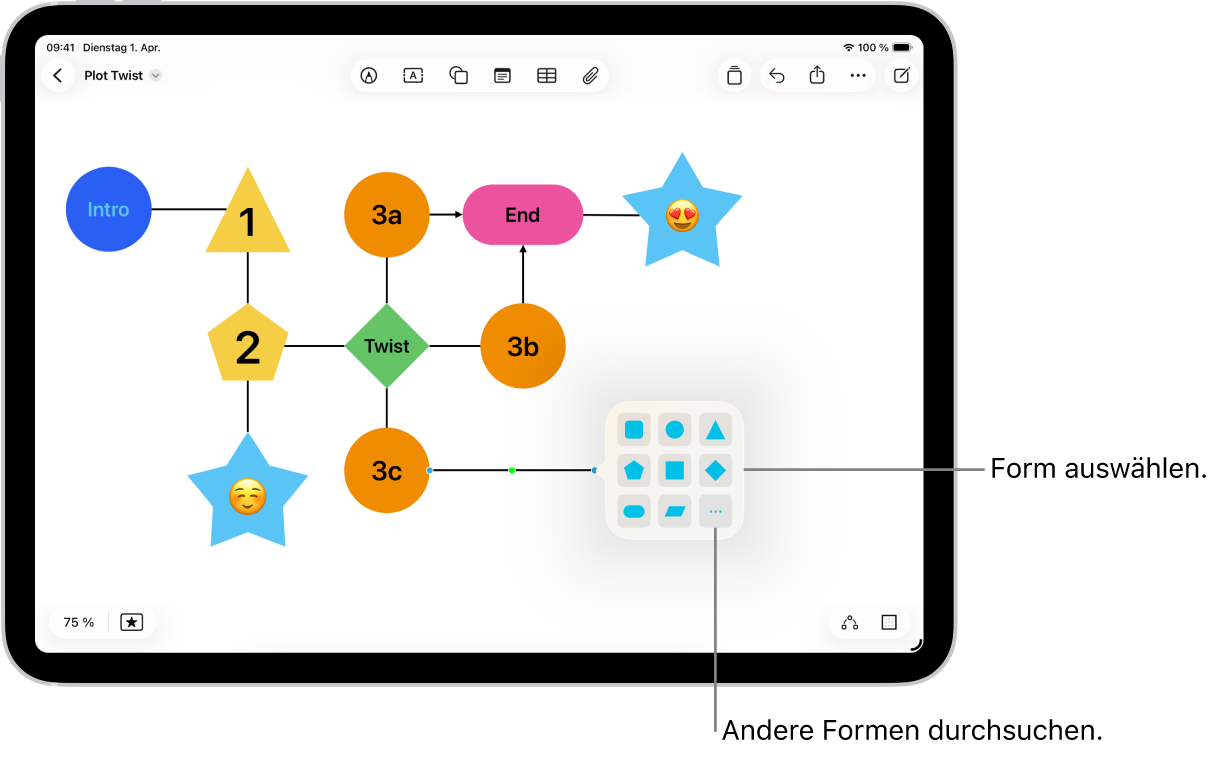 Ein Diagramm auf einem Freeform-Board, dem eine neue Form hinzugefügt wird.