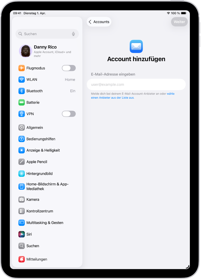 Der Bildschirm „Account hinzufügen“ mit einem Feld zum Eingeben deiner E-Mail-Adresse.