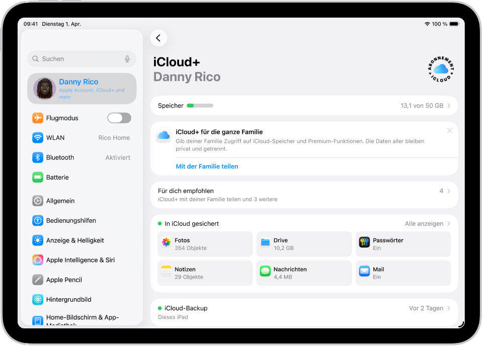 Bildschirm mit den iCloud-Einstellungen mit der Nutzungsanzeige für den iCloud-Speicher und einer Liste von Apps und Diensten wie „Fotos“, iCloud Drive und iCloud Mail, die mit iCloud verwendet werden können.