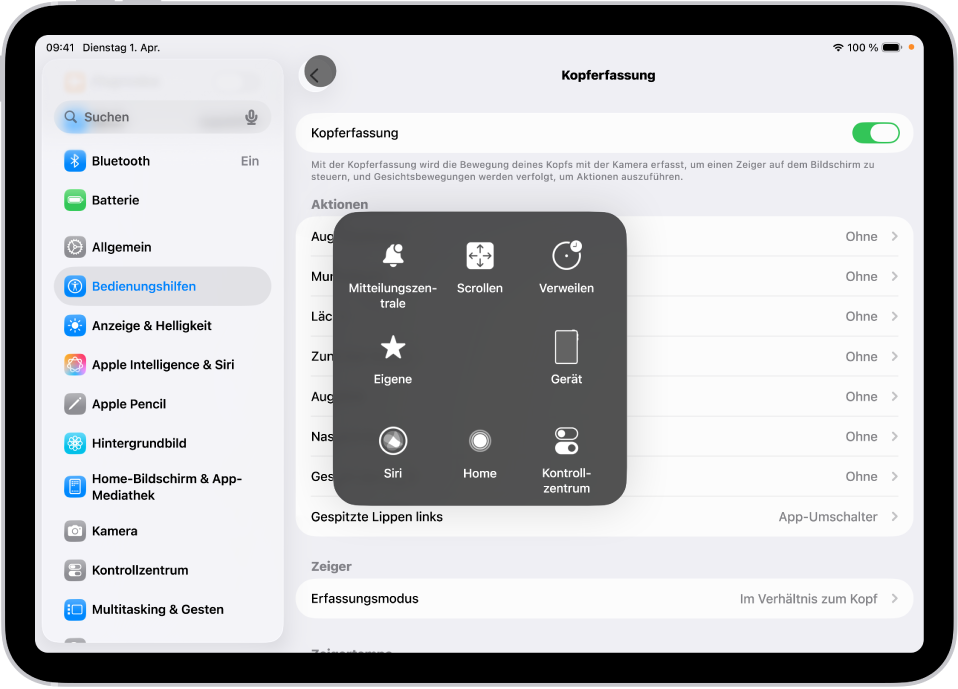 Ein iPad mit aktivierter Kopferfassung. Das Menü für AssistiveTouch ist sichtbar und zeigt die Steuerelemente „Mitteilungszentrale“, „Scrollen“, „Verweilen“, „Gerät“, „Kontrollzentrum“, „Home“, „Siri“ und „Eigene“.