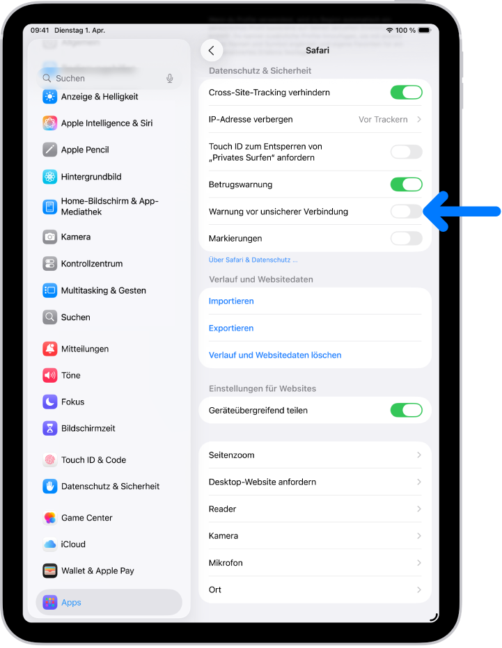 Das Steuerelement „Warnung vor unsicherer Verbindung“ befindet sich unter „Datenschutz & Sicherheit“ im Bildschirm „Safari“ in „Einstellungen“.