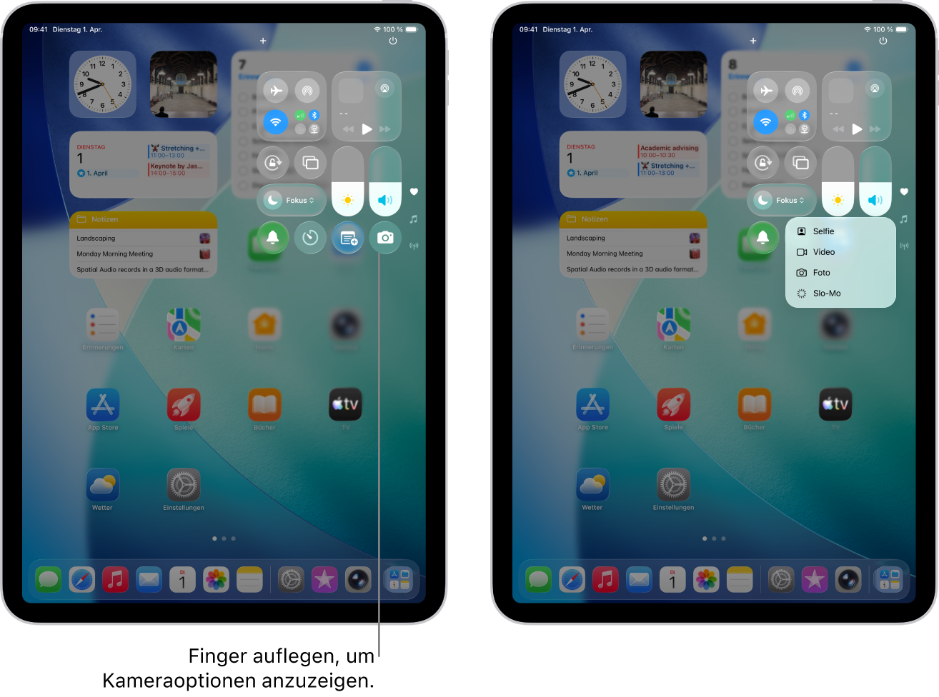 Das iPad-Kontrollzentrum. Steuerelemente für den Flugmodus, das Mobilfunknetz, WLAN und Bluetooth befinden sich bei iPad-Modellen mit Wi-Fi + Cellular in der Gruppe oben links im Kontrollzentrum. Das Kamerasymbol befindet sich unten rechts im Kontrollzentrum. Der Bildschirm auf der rechten Seite zeigt das Menü mit Schnellaktionen mit Optionen, die angezeigt werden, wenn du den Finger auf die Kamerasteuerung legst.
