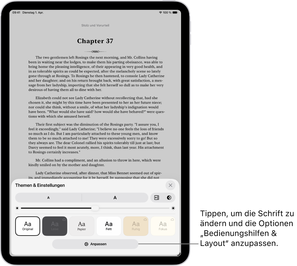 Eine Buchseite in der App „Bücher“. Die Optionen „Themen & Einstellungen“ mit Steuerelementen für Schriftgröße, Scrollansicht, Stil zum Umblättern, Helligkeit sowie Schriftoptionen.