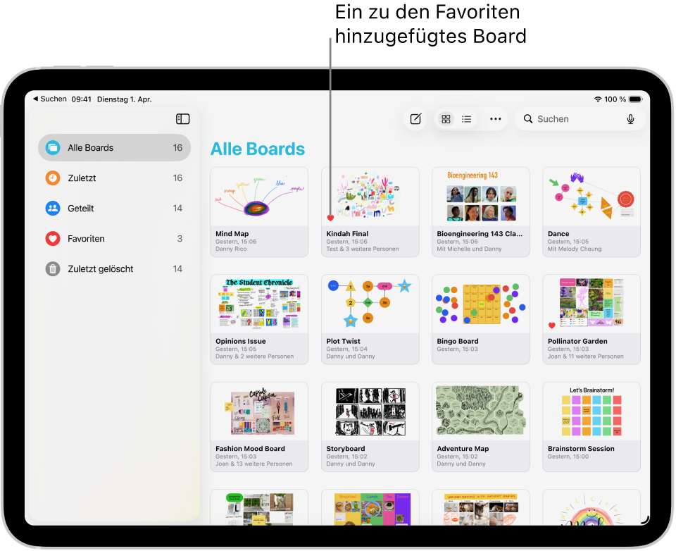 Freeform ist auf dem iPad geöffnet. In der Seitenleiste ist „Alle Boards“ ausgewählt und Board-Miniaturen werden auf der rechten Seite angezeigt.