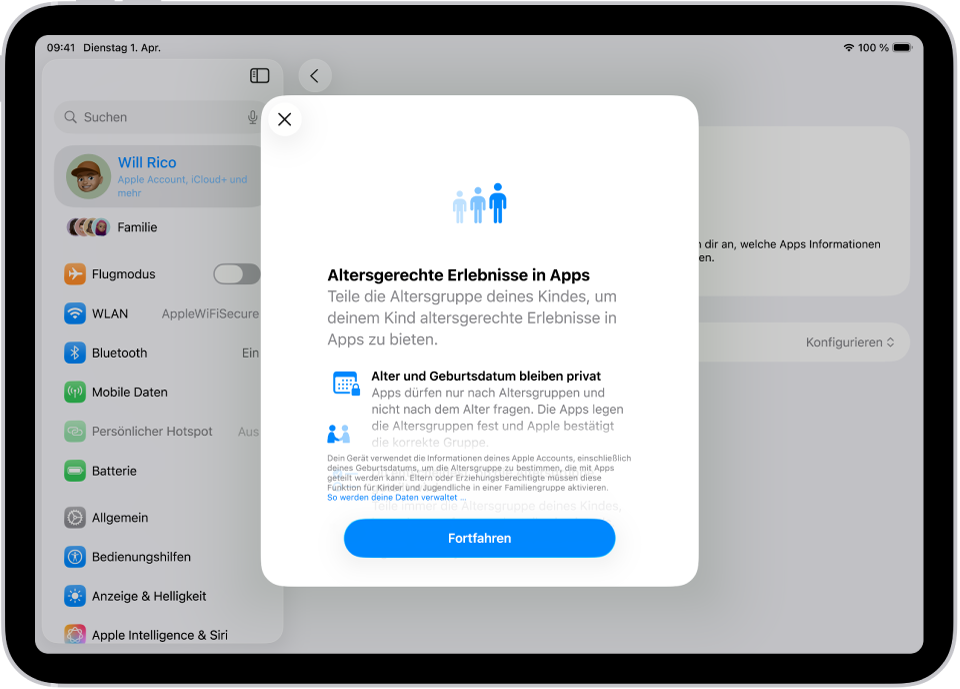 Der Bildschirm „iPad-Einstellungen“ zeigt den Einrichtungsbereich für „Altersgerechte Erlebnisse in Apps“, der erklärt, wie Kindern dabei geholfen werden kann, altersgerechte App-Erlebnisse zu erfahren, indem ihre Altersgruppe geteilt wird.