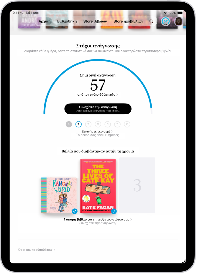 Στην οθόνη «Στόχοι ανάγνωσης», εμφανίζονται στατιστικά στοιχεία για τον χρήστη, όπως τι διάβασε σήμερα, τι διάβασε την τρέχουσα εβδομάδα και τα βιβλία που διάβασε φέτος.