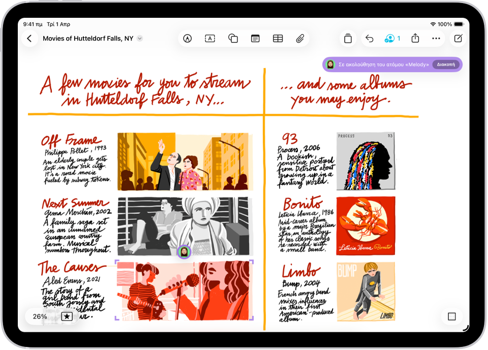 Ένας καμβάς Freeform με δύο άλλους συμμετέχοντες, των οποίων οι επιλογές επισημαίνονται με έγχρωμα σημάδια υποδιαιρέσεων.