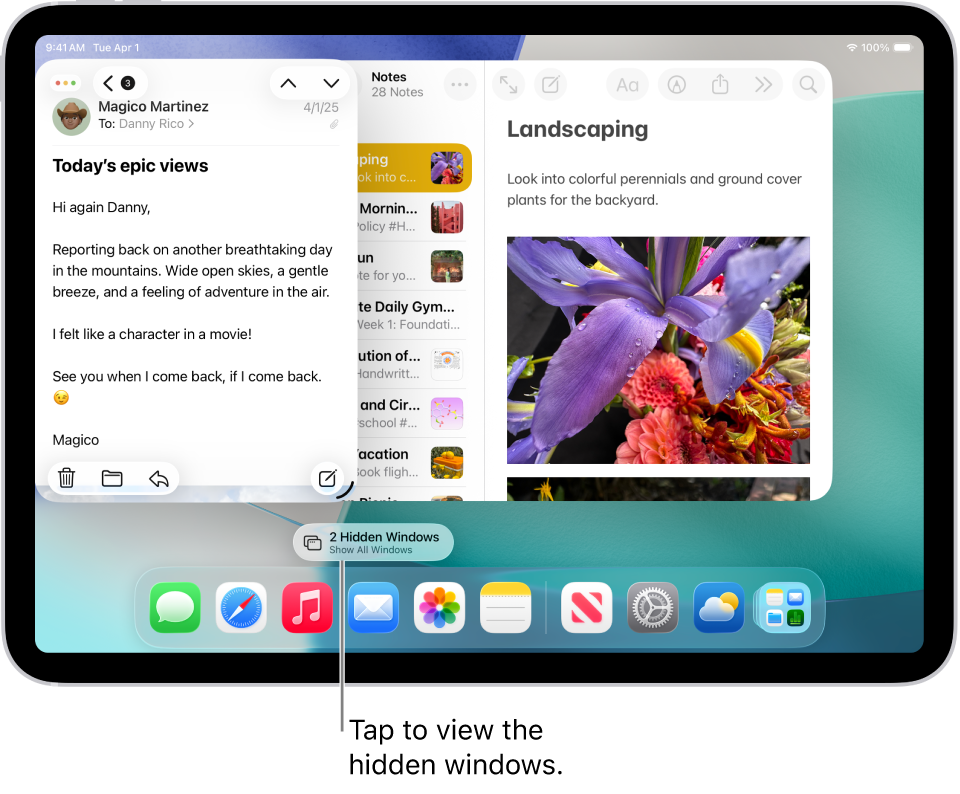 An iPad screen with two apps open and the pill-shaped Show All Windows button, which, when tapped, shows all the open windows in the target app.