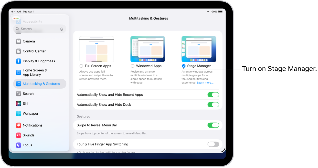 The iPad Settings app, showing the Multitasking & Gestures options you can choose for working in multiple apps.