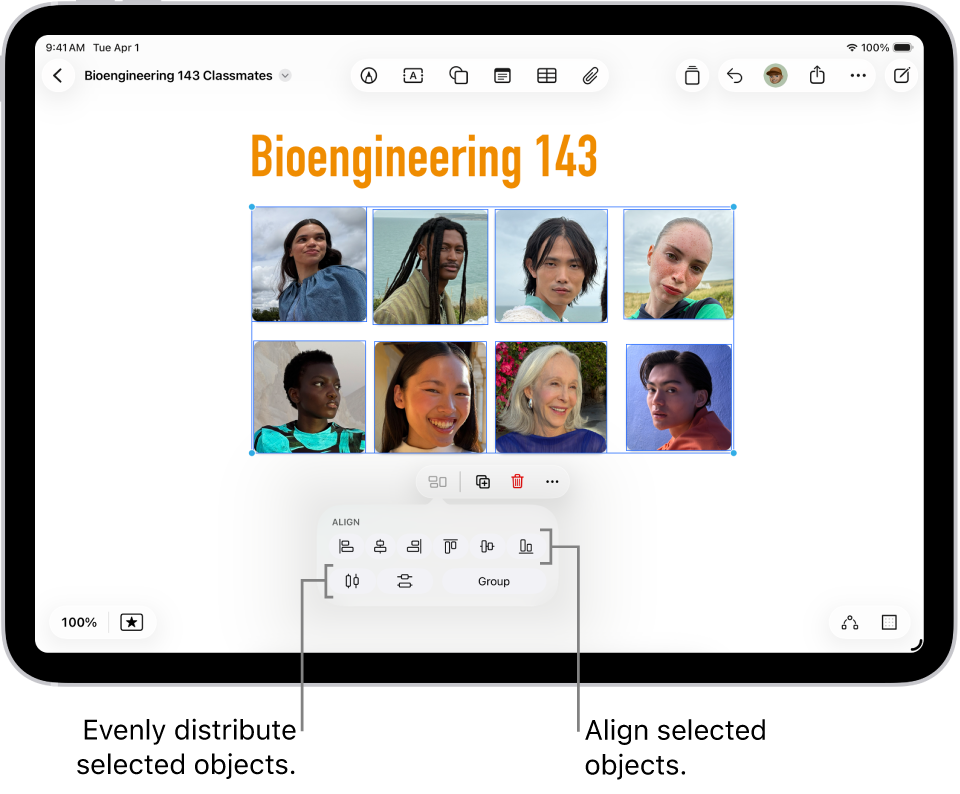 A Freeform board filled with a grid of photos. Several photos are selected, and the alignment and grouping tools appear below them.