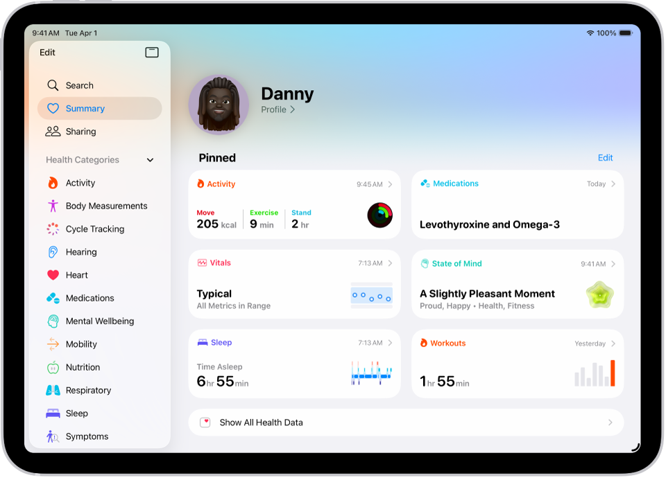 The Summary screen in Health. Information about activity, medications, vitals, state of mind, sleep, heart rate, and workouts appears below Pinned.