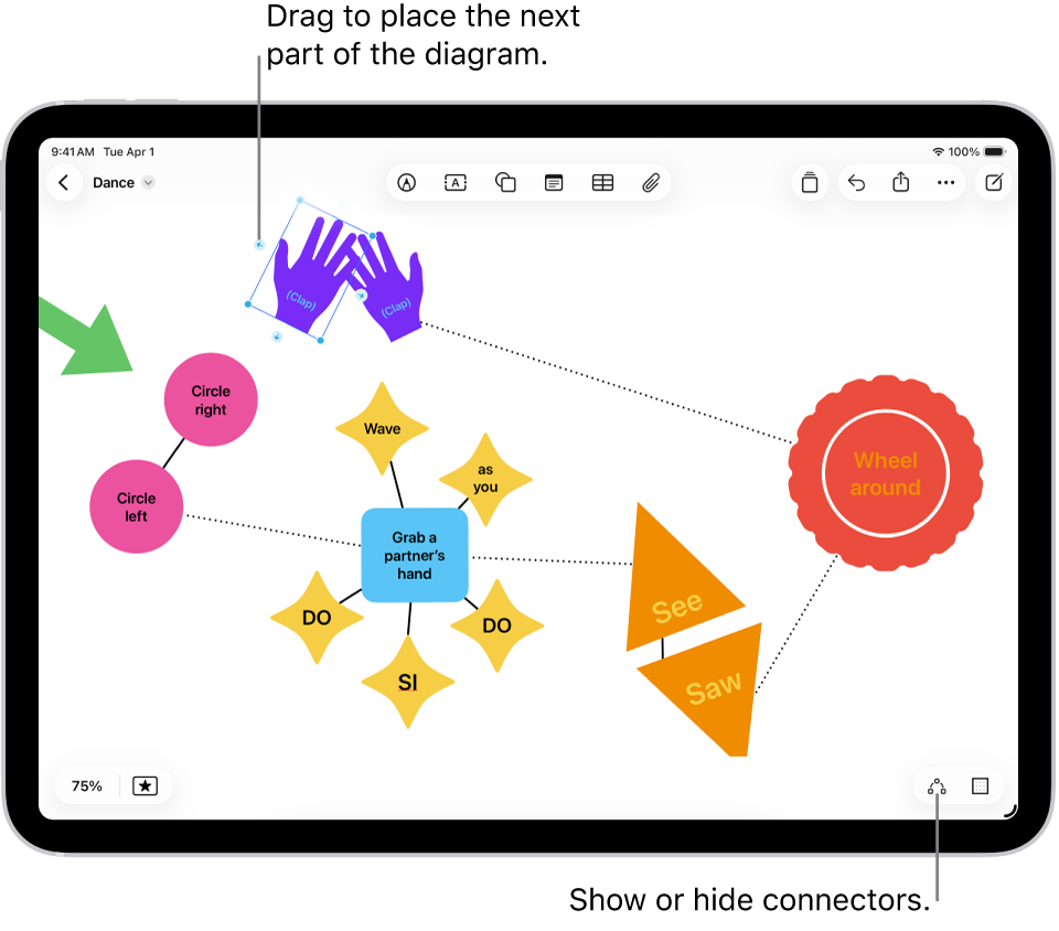 A diagram on a Freeform board, with connectors showing on a selected shape.