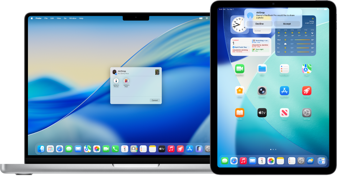 A Mac is next to an iPad. The AirDrop dialog is open on the Mac desktop, ready to share a document with the iPad. iPad iPhone screen has a notification about receiving the document.