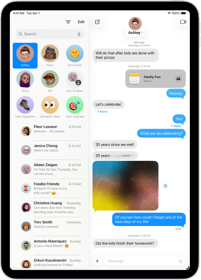A conversation in Messages including a text message and a photo sent with the Invisible Ink effect.