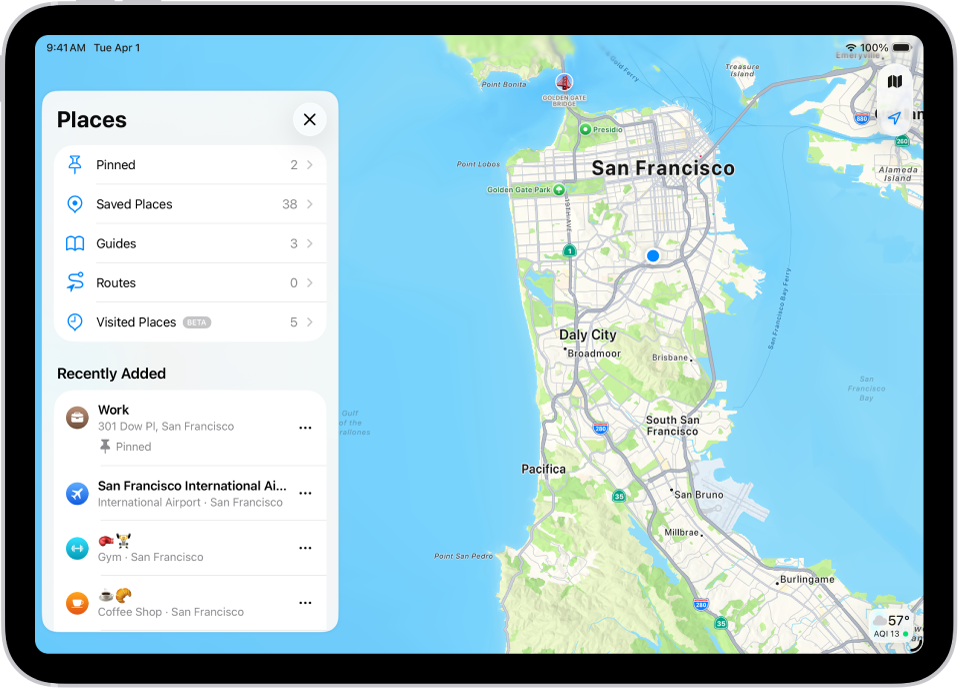 The Places screen in Maps, which shows a list of place categories like Pinned, Saved Places, and Guides. Below this, a Recently Added section lists viewed locations.