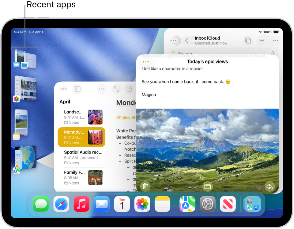 An iPad display with Stage Manager turned on. The current window is in the front, and other recent apps are in a list on the left side of the screen.