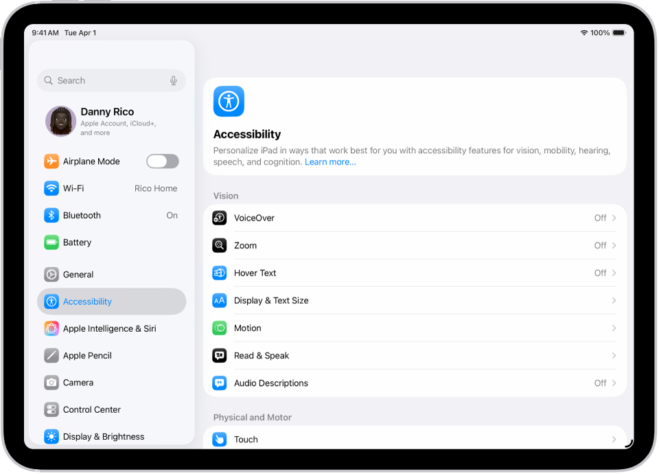 A Settings screen showing Accessibility options such as VoiceOver, Audio Descriptions, and Switch Control.