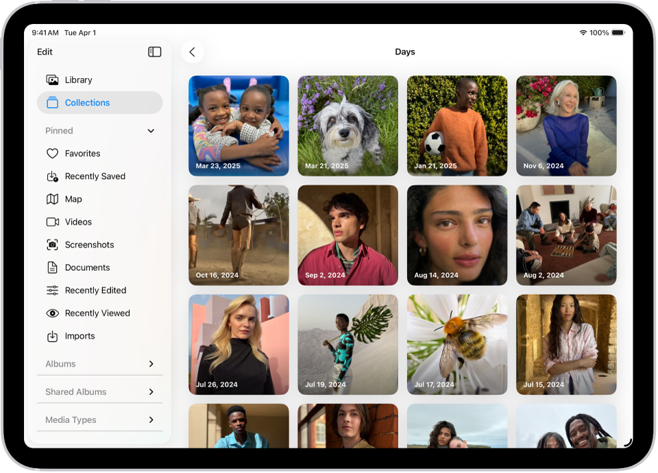Days collection is open in the Photos app, showing collections of photos from each day arranged in a grid.