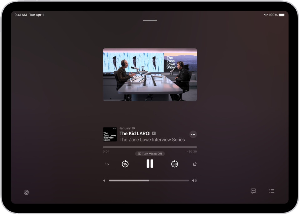 The Now Playing screen in the Podcasts app, showing a video podcast, the episode title, the progress bar, the playback controls, and the volume slider. The AirPlay button, the View Transcript button, and the Playing Next button appear at the bottom of the screen.