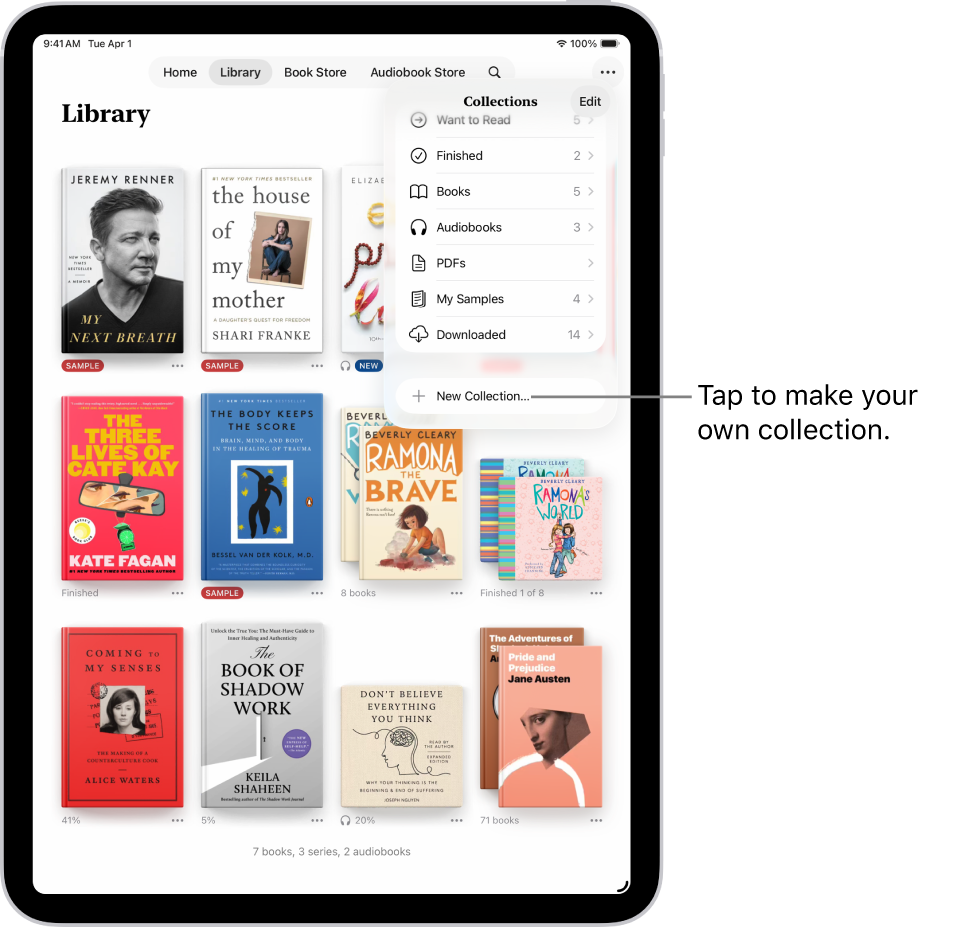 The Library screen in the Books app. At the top of the screen the Collections menu is open and shows options such as Audiobooks and PDFs.