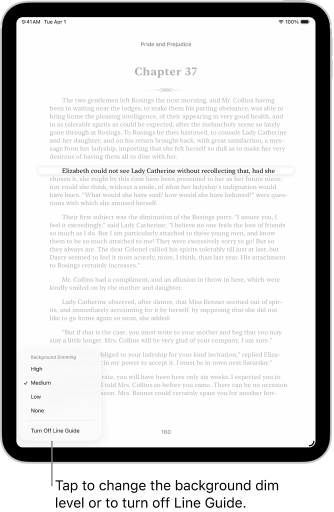 A page of a book in the Books app. A single line of text is highlighted and the rest of the text is dimmed. In the bottom-left corner of the screen is the Line Guide Menu button.