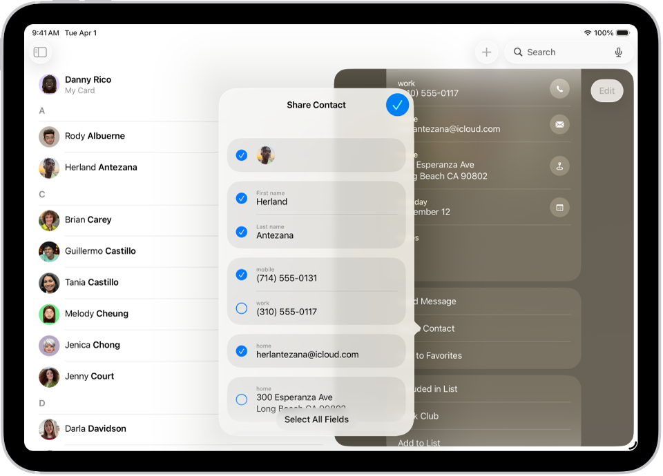The Share Contact window in the Contacts app.