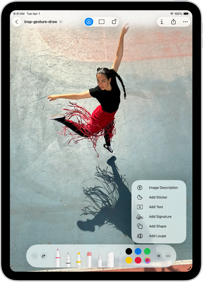 The Markup toolbar is open at the bottom of a note in the Notes app and the Add button in the bottom-right corner of the screen is selected. The following options are available in the Add menu: Add Sticker, Add Text, Add Signature, and Add Shape.