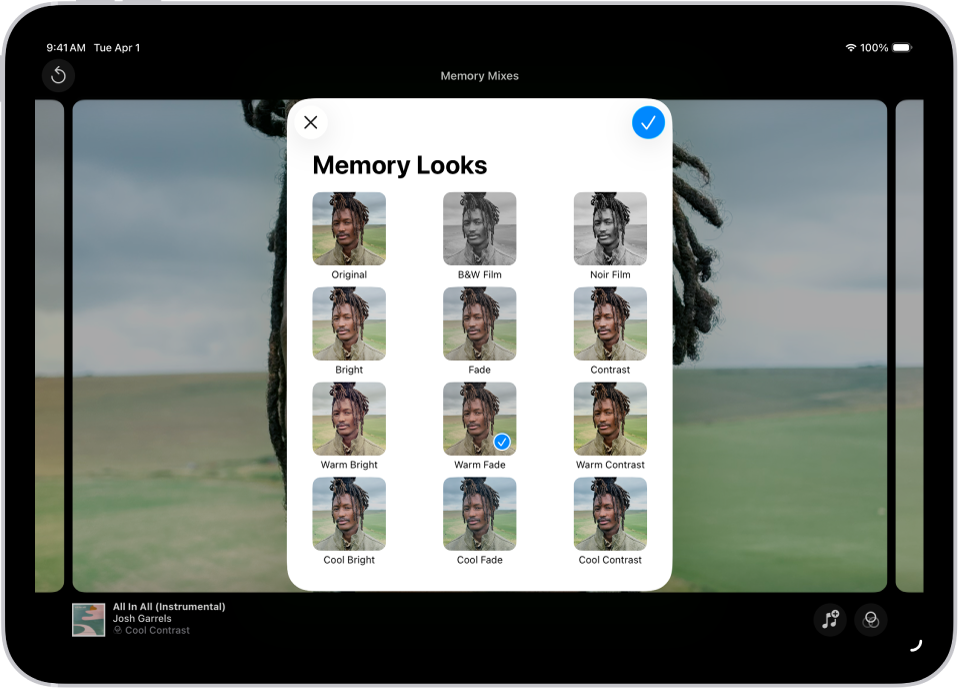 A memory movie is playing and in the middle of the screen are the options for applying a Memory Look.