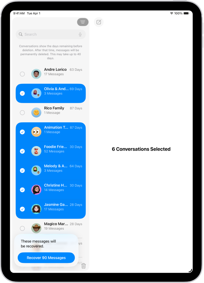 Recovering several recently deleted messages.
